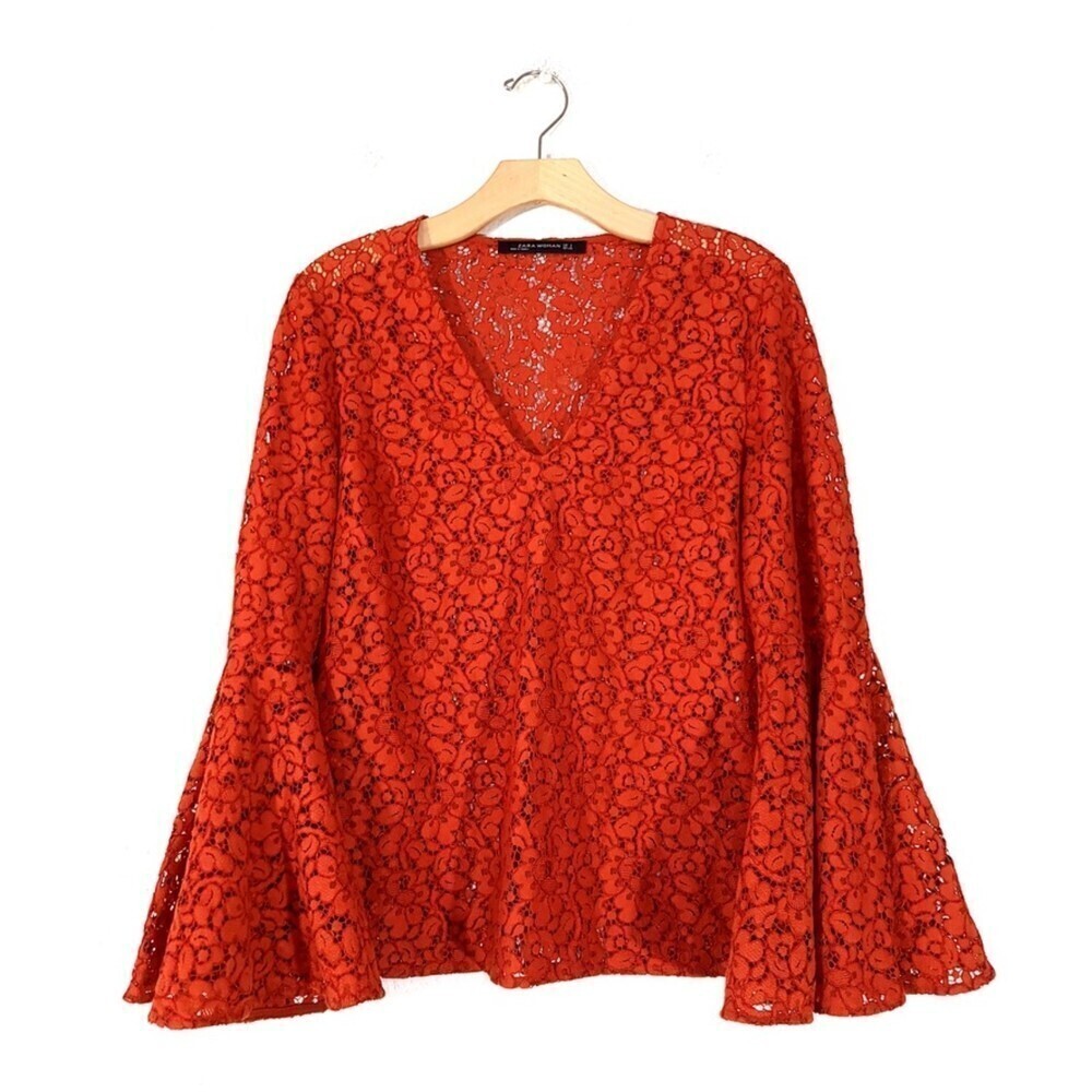 NEW Zara Oversized Flared Bell Sleeve Lace Overlay Top Sheer Orange Boho Small
